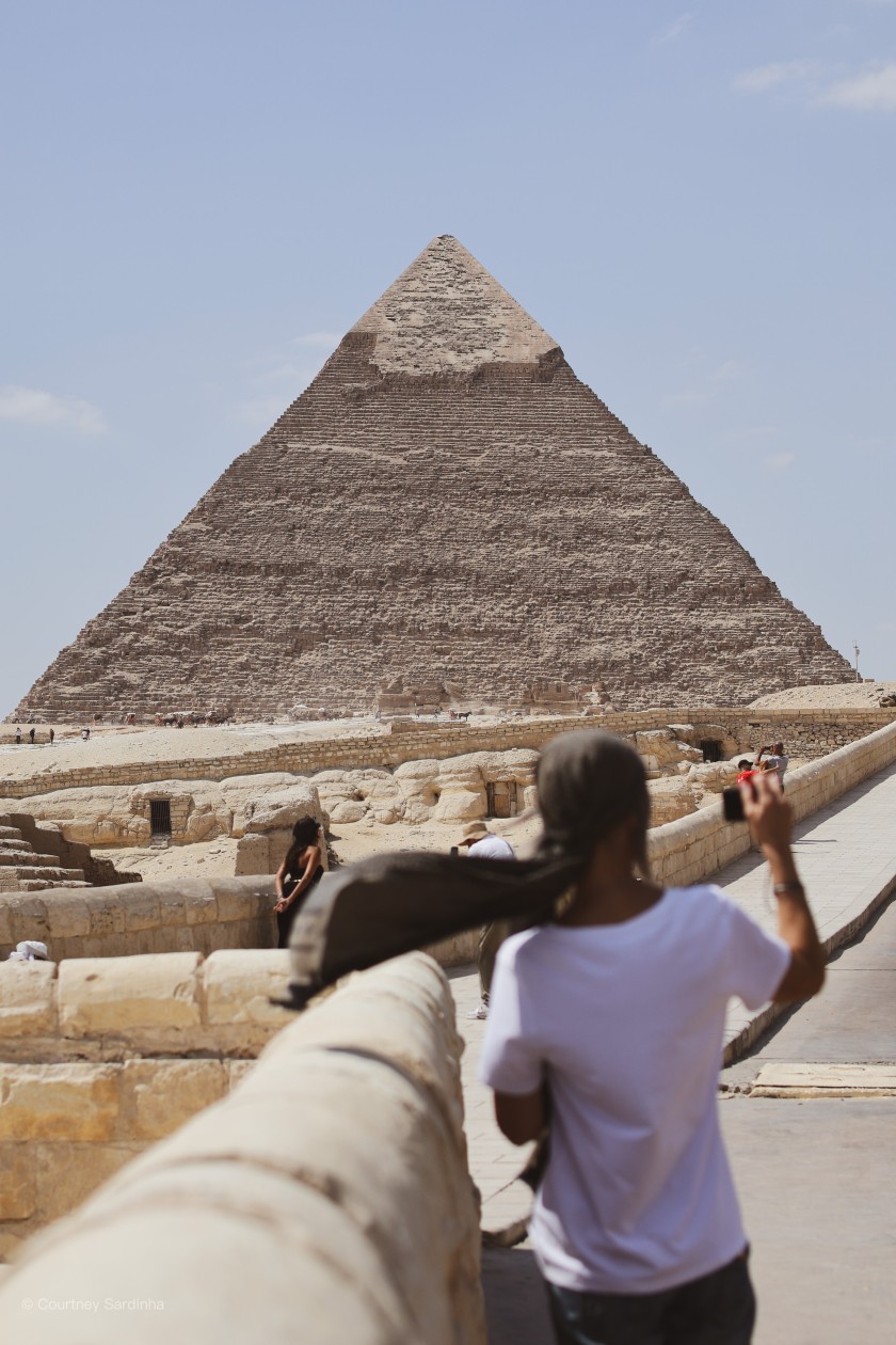 Visitor photographing the Pyramid of Khafre at Giza, Egypt