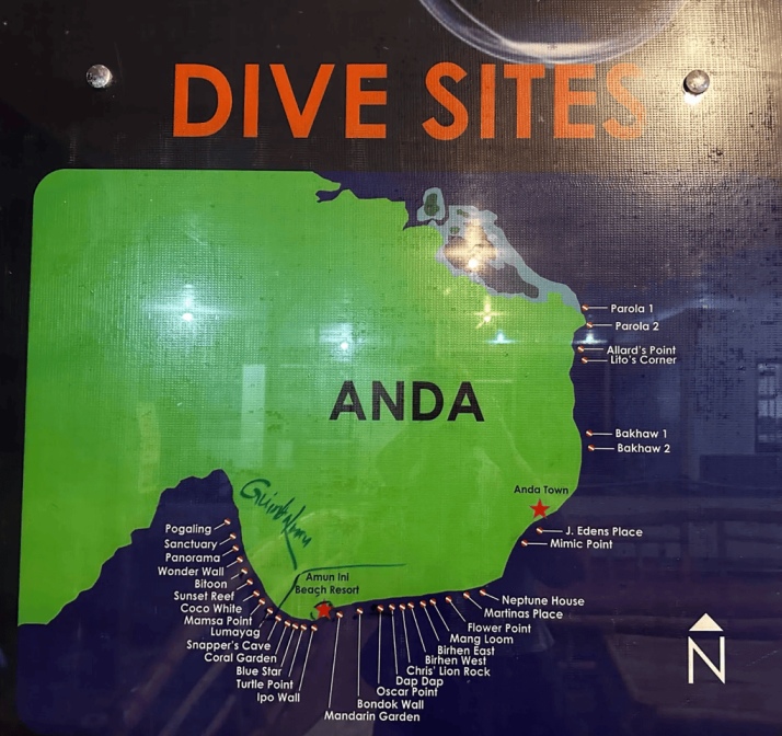 Dive sites map for Anda, Bohol