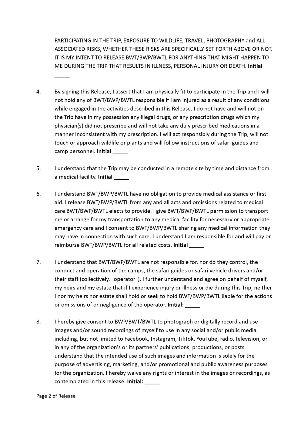 Bluewater Travel Safari Trip Waiver Page 2