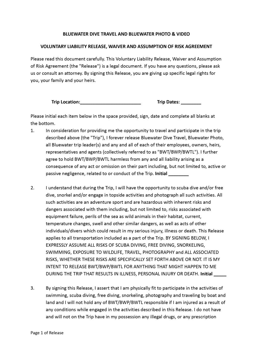 Bluewater Travel Dive/Snorkeling Trip Waiver Page 1