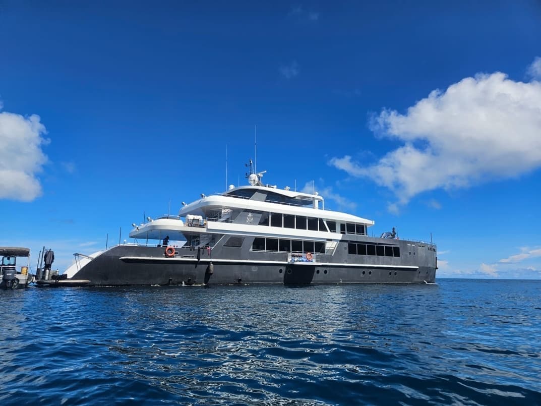The Black Pearl liveaboard anchored on blue water.