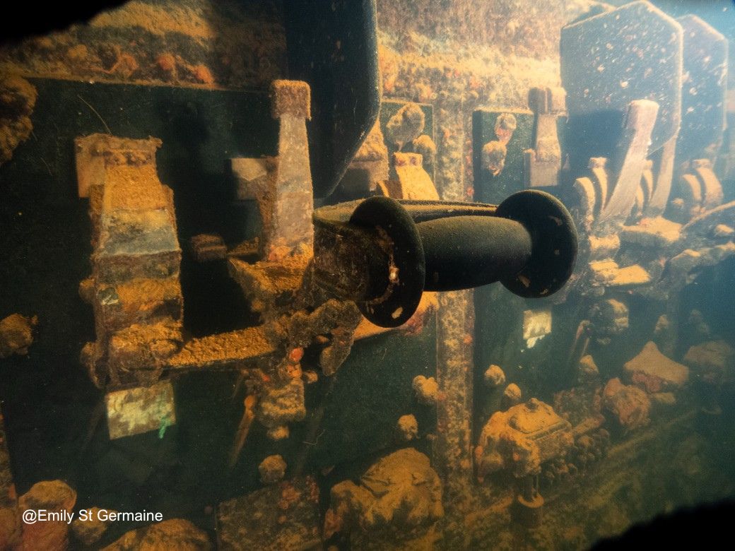 Handles in an engine room photographed by Emily St. Germaine – a CCR diver who was able to explore much more of the engine rooms than the rec divers!