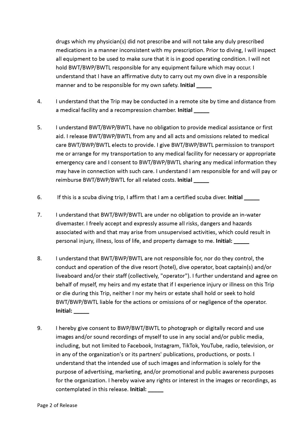 Bluewater Travel Dive/Snorkeling Trip Waiver Page 2