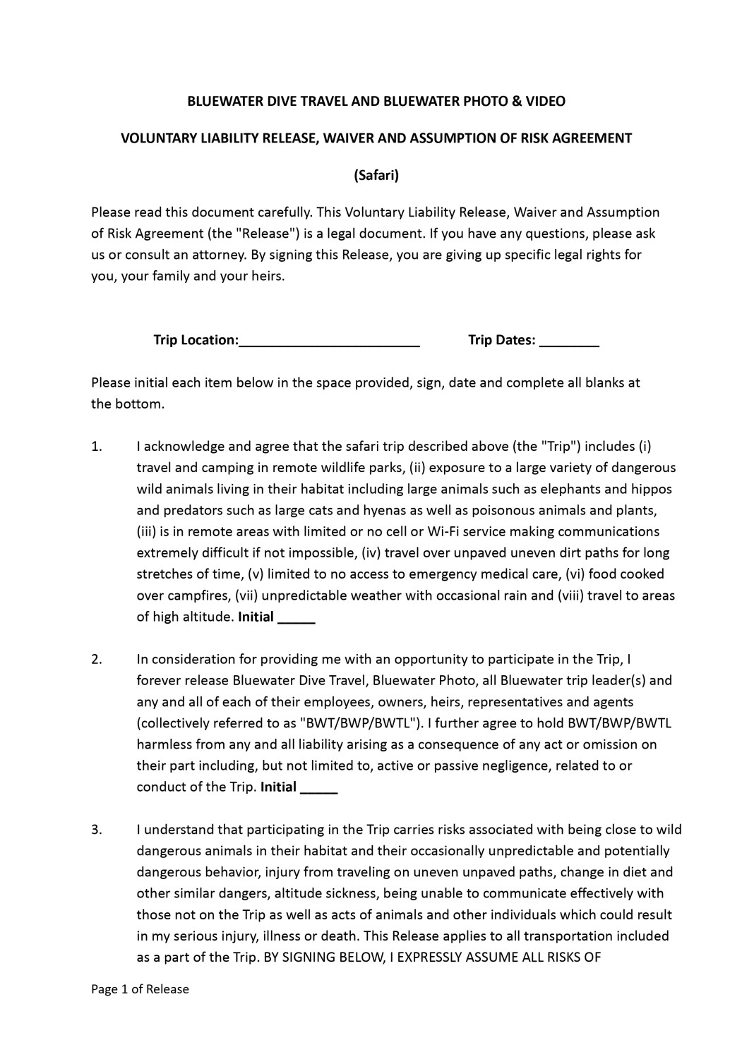 Bluewater Travel Safari Trip Waiver Page 1