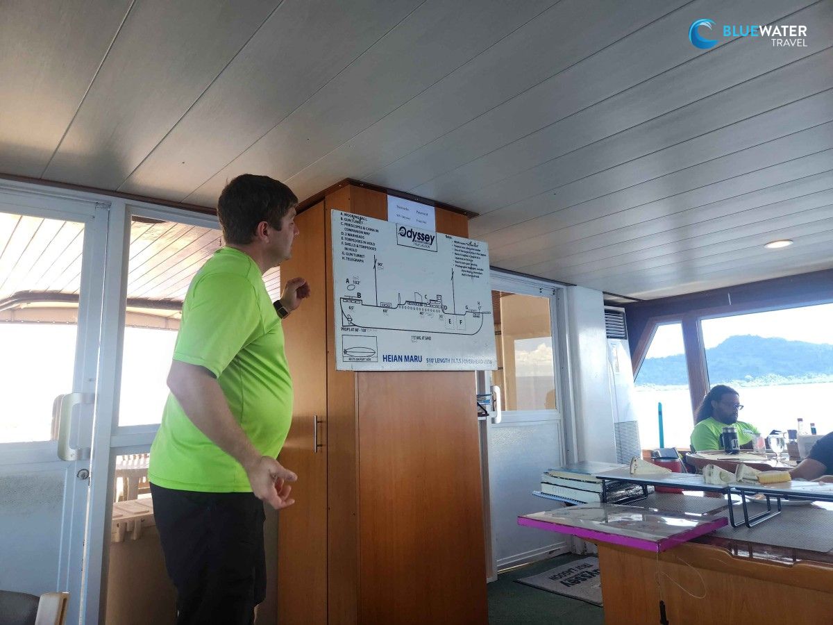 Divemaster Danny gives a briefing of our first wreck of the trip – the Kiyosumi Maru