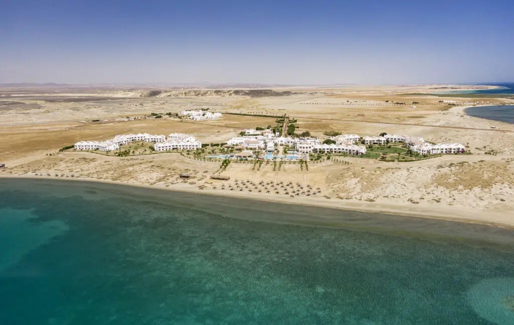Aerial view of the reef and the resort