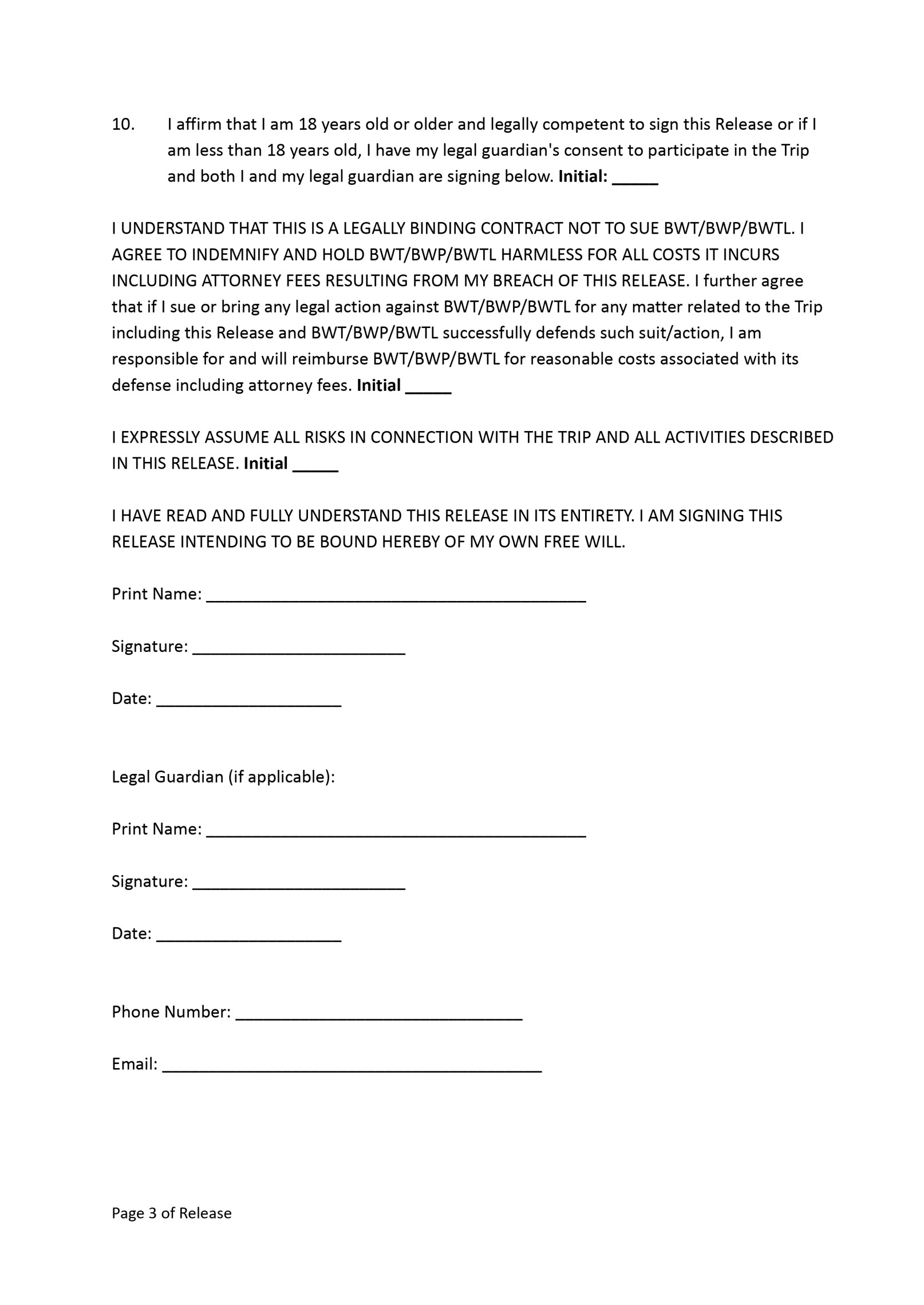Bluewater Travel Dive/Snorkeling Trip Waiver Page 3