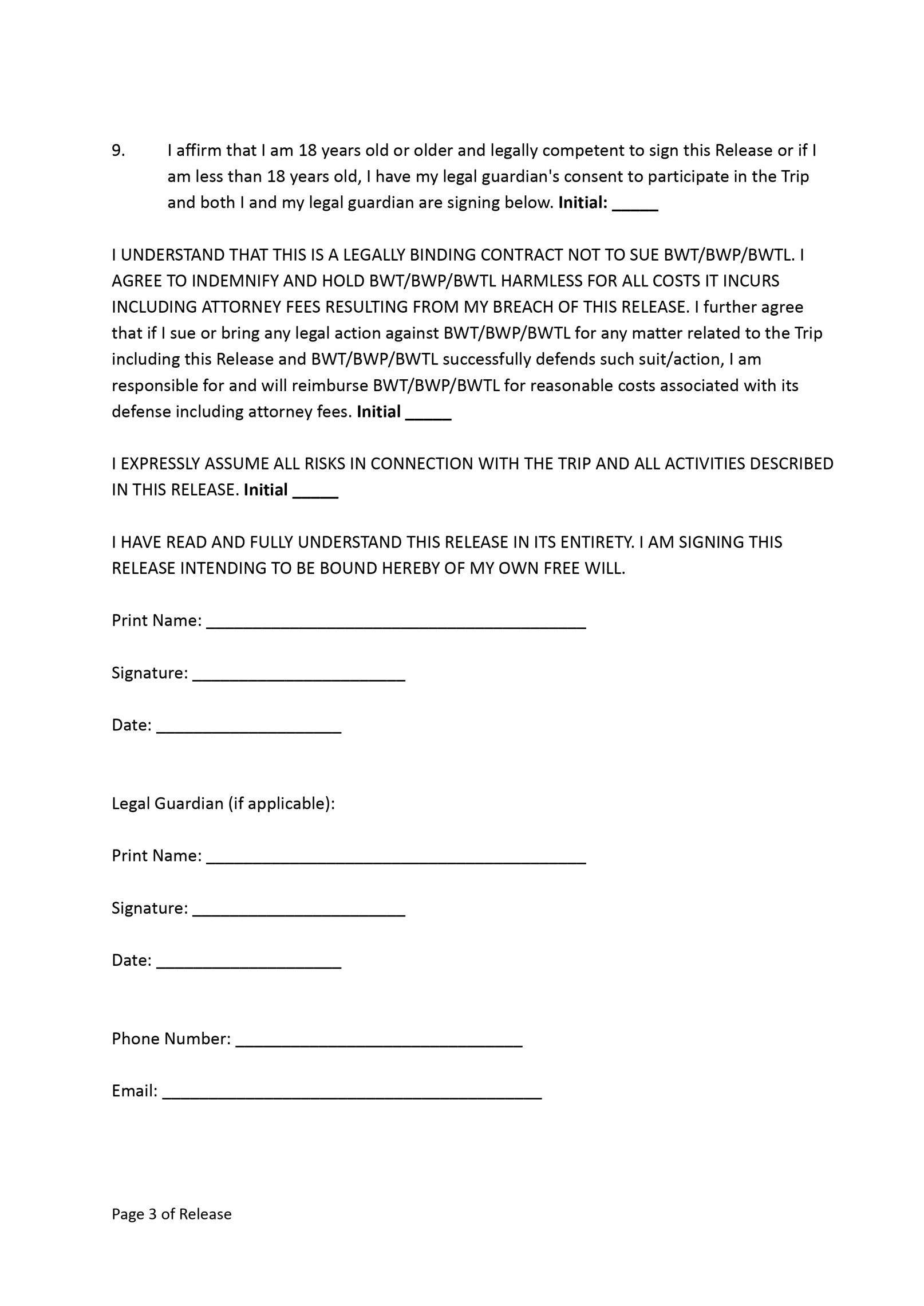 Bluewater Travel Safari Trip Waiver Page 3