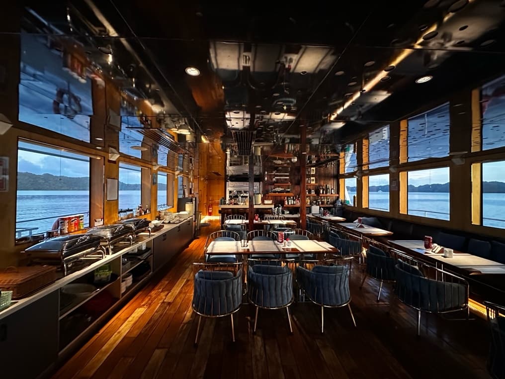 Dining area on the Black Pearl at dusk.